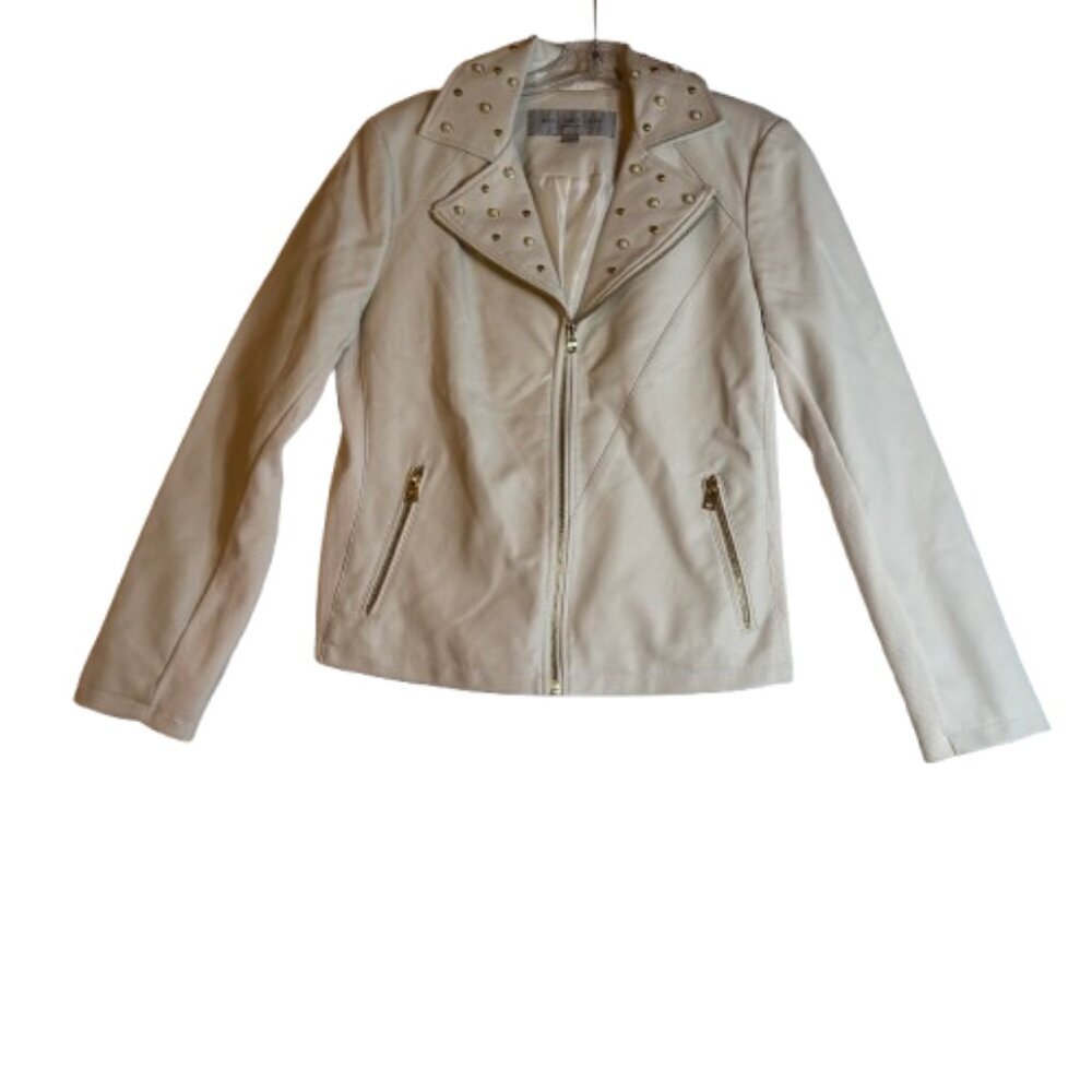 Marc New York Ivory Faux Leather Jacket Pearl & Gold Stud Embellishments #2770